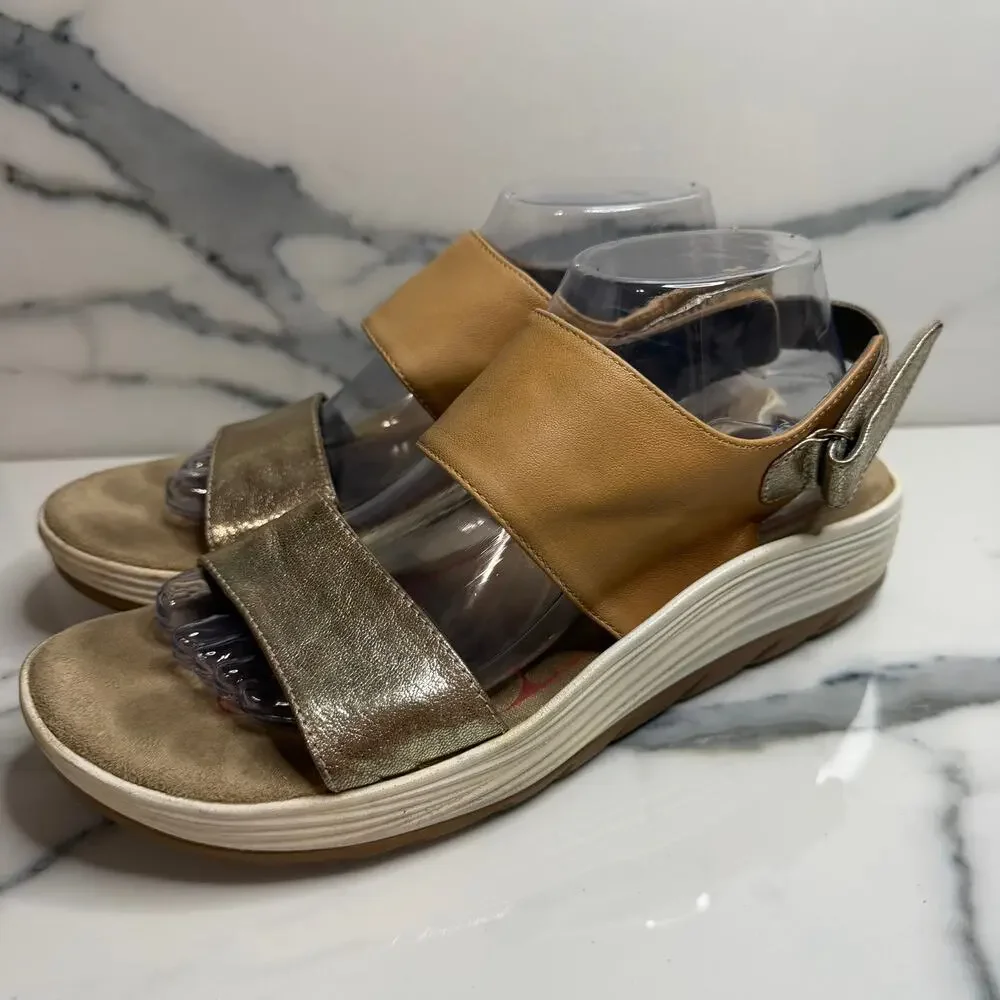 Bionica Women's Tan Gold Leather Yolanda Wedge Platform Sandals Sz 10 Comfort